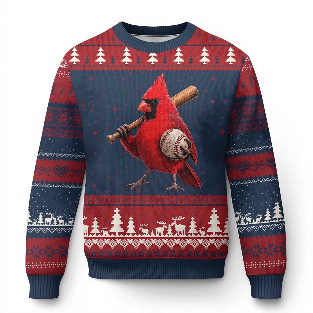 Cardinals Baseball Player Ugly Christmas Sweater Retro STL Redbird Fan Bird Mascot Baseball TS10 Navy Red Print Your Wear
