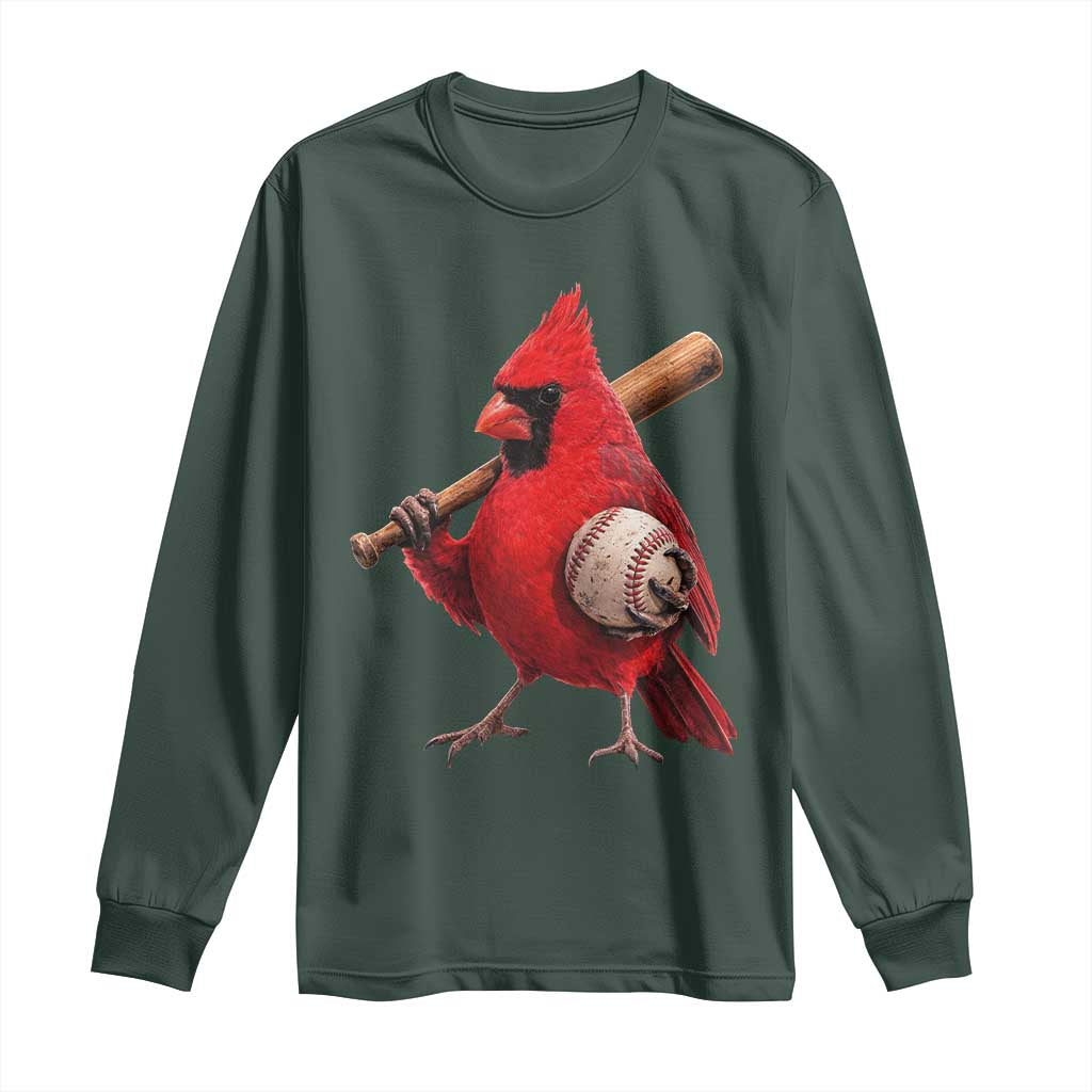 Cardinals Baseball Player Long Sleeve Shirt - Retro STL Redbird Fan - Bird Mascot Baseball TS10 Dark Forest Green Print Your Wear