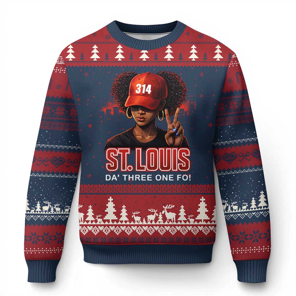 314 St Louis Ugly Christmas Sweater Red Hat African American Woman STL City Pride Area Code TS10 Navy Red Print Your Wear