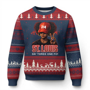 314 St Louis Ugly Christmas Sweater Red Hat African American Woman STL City Pride Area Code TS10 Navy Red Print Your Wear