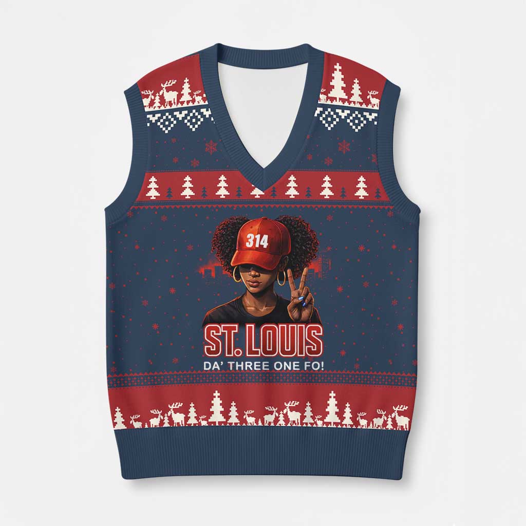 314 St Louis V-Neck Knit Sweater Vest Red Hat African American Woman STL City Pride Area Code TS10 Navy Red Print Your Wear