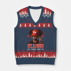 314 St Louis V-Neck Knit Sweater Vest Red Hat African American Woman STL City Pride Area Code TS10 Navy Red Print Your Wear