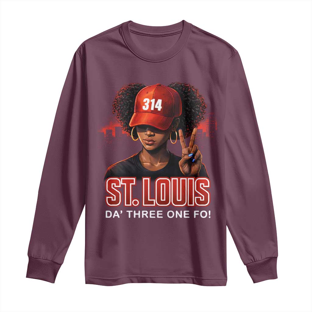 314 St Louis Long Sleeve Shirt Red Hat African American Woman STL City Pride Area Code TS10 Maroon Print Your Wear
