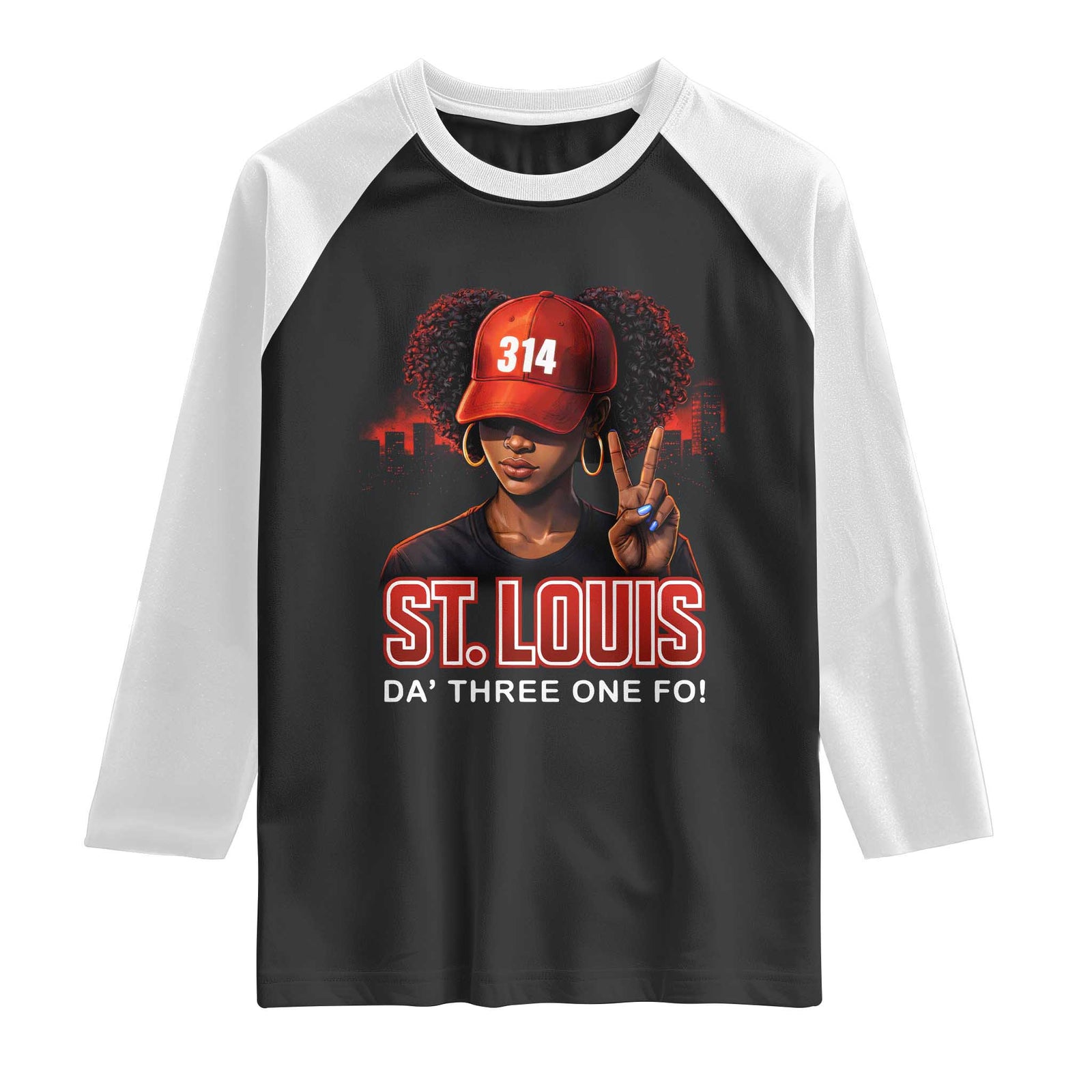 314 St Louis Raglan Shirt Red Hat African American Woman STL City Pride Area Code TS10 Black White Print Your Wear