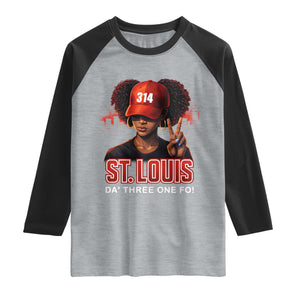 314 St Louis Raglan Shirt Red Hat African American Woman STL City Pride Area Code TS10 Heather Gray Black Print Your Wear