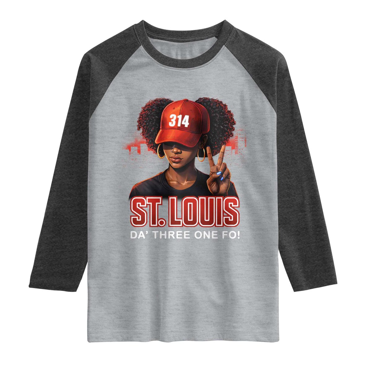 314 St Louis Raglan Shirt Red Hat African American Woman STL City Pride Area Code TS10 Heather Gray Heather Charcoal Print Your Wear
