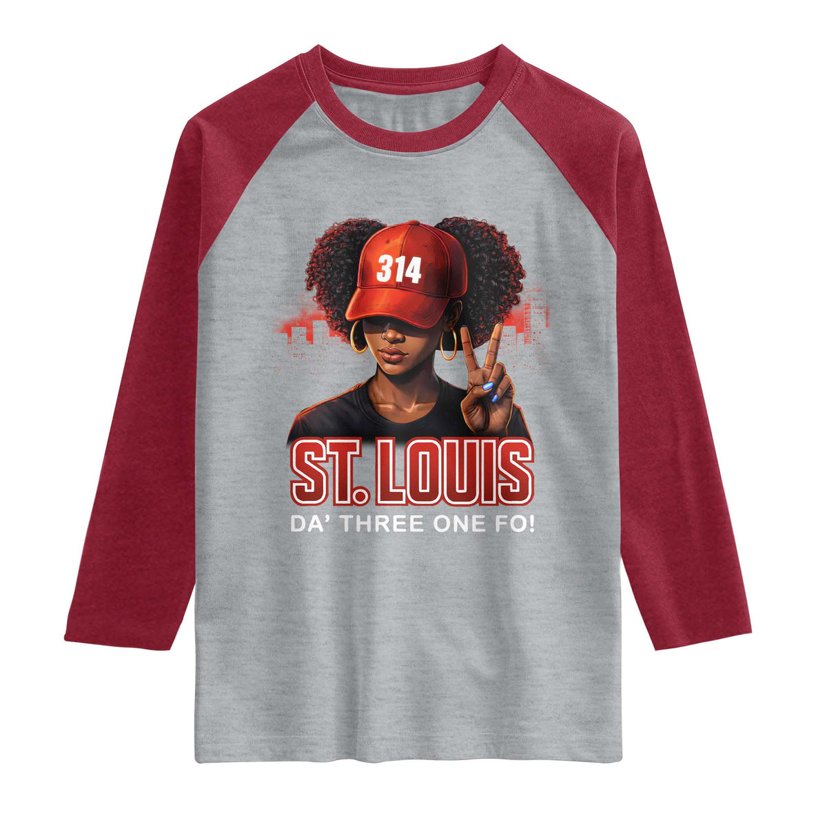 314 St Louis Raglan Shirt Red Hat African American Woman STL City Pride Area Code TS10 Heather Gray Heather Red Print Your Wear