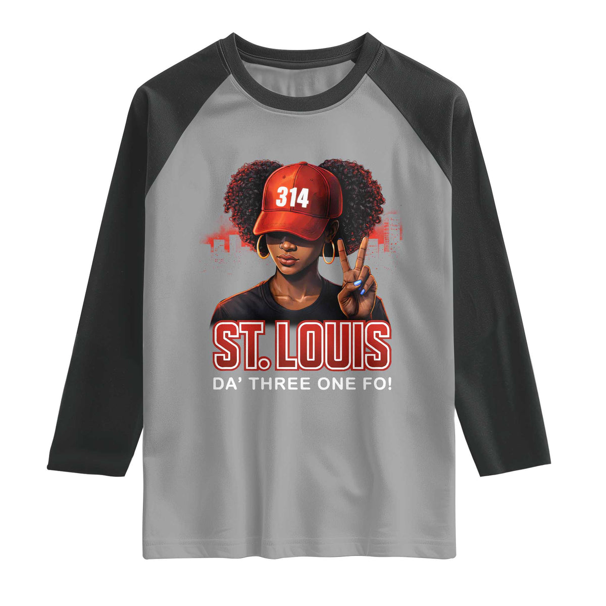 314 St Louis Raglan Shirt Red Hat African American Woman STL City Pride Area Code TS10 Sport Gray Black Print Your Wear