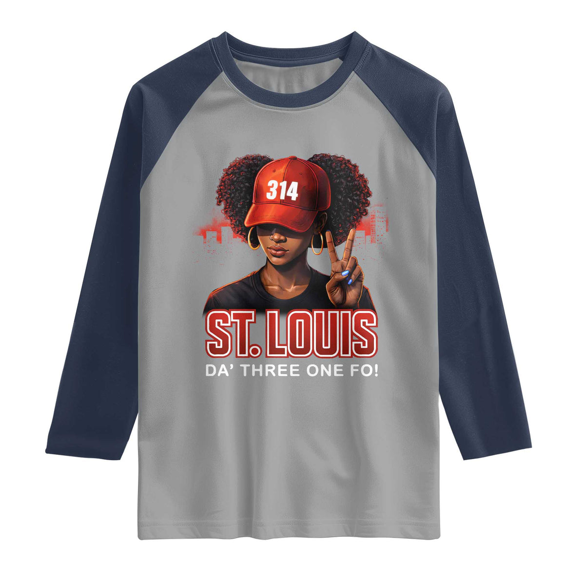 314 St Louis Raglan Shirt Red Hat African American Woman STL City Pride Area Code TS10 Sport Gray Navy Print Your Wear