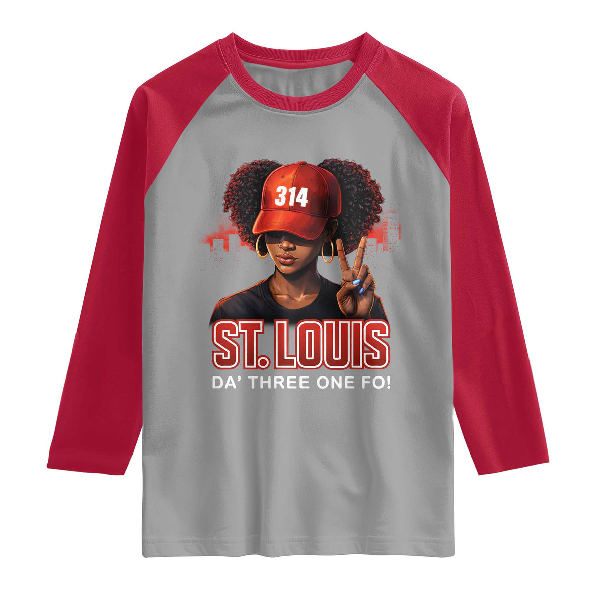 314 St Louis Raglan Shirt Red Hat African American Woman STL City Pride Area Code TS10 Sport Gray Red Print Your Wear