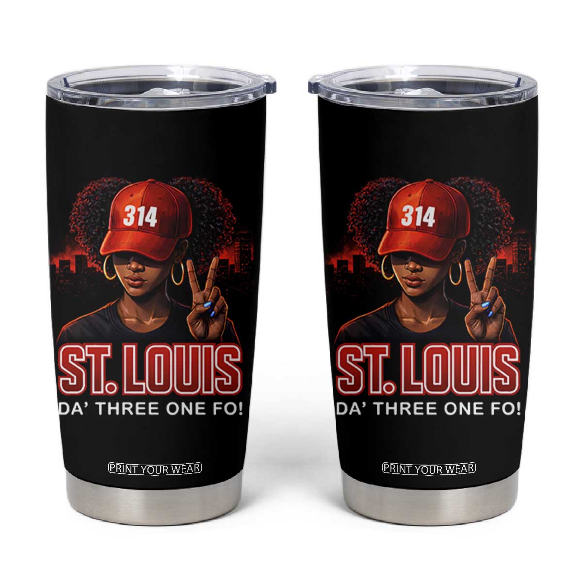 314 St Louis Tumbler Cup Red Hat African American Woman STL City Pride Area Code TS10 Black Print Your Wear