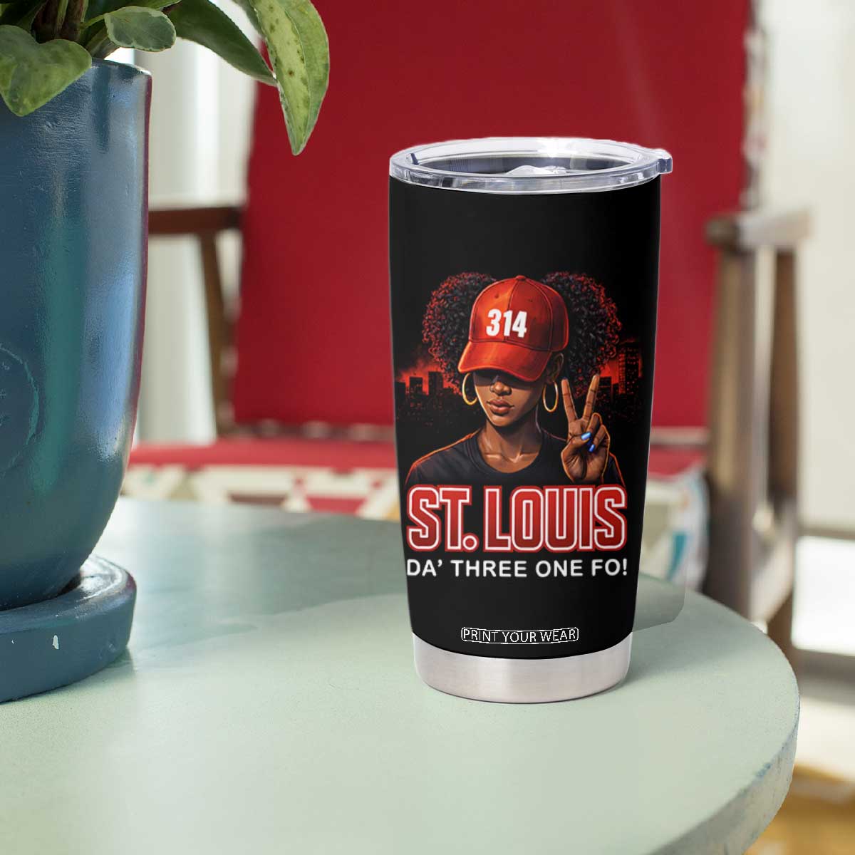 314 St Louis Tumbler Cup Red Hat African American Woman STL City Pride Area Code TS10 Print Your Wear