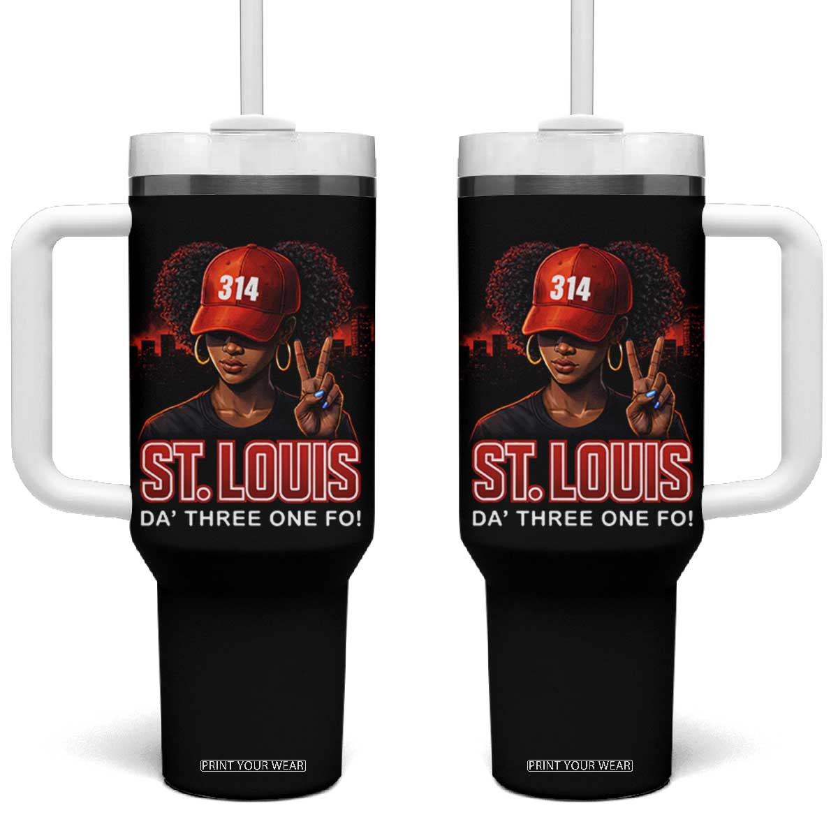 314 St Louis Tumbler With Handle Red Hat African American Woman STL City Pride Area Code TS10 One Size: 40 oz Black Print Your Wear