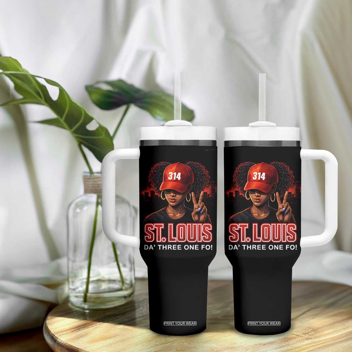 314 St Louis Tumbler With Handle Red Hat African American Woman STL City Pride Area Code TS10 Print Your Wear