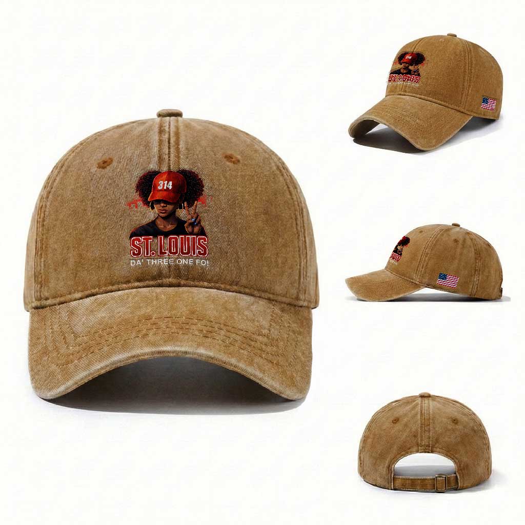 314 St Louis Washed Cotton Baseball Cap Red Hat African American Woman STL City Pride Area Code