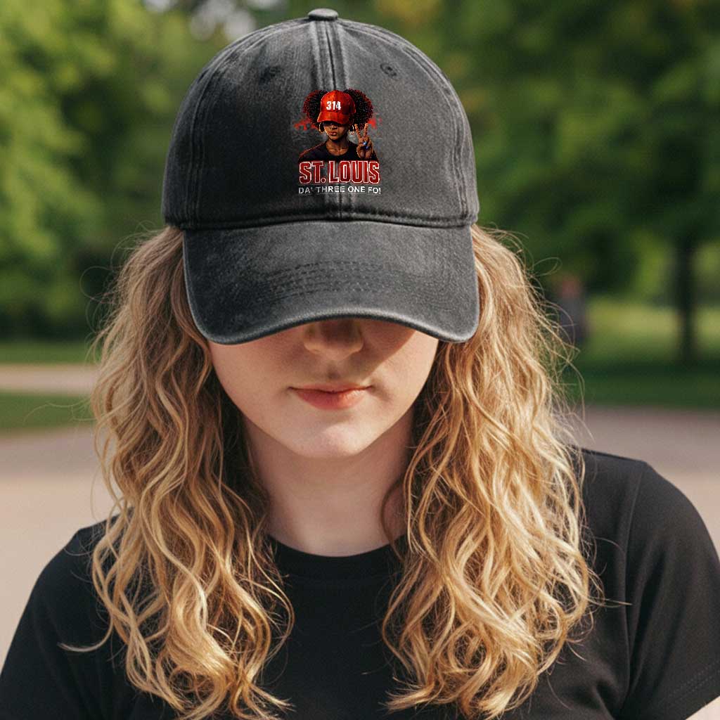 314 St Louis Washed Cotton Baseball Cap Red Hat African American Woman STL City Pride Area Code