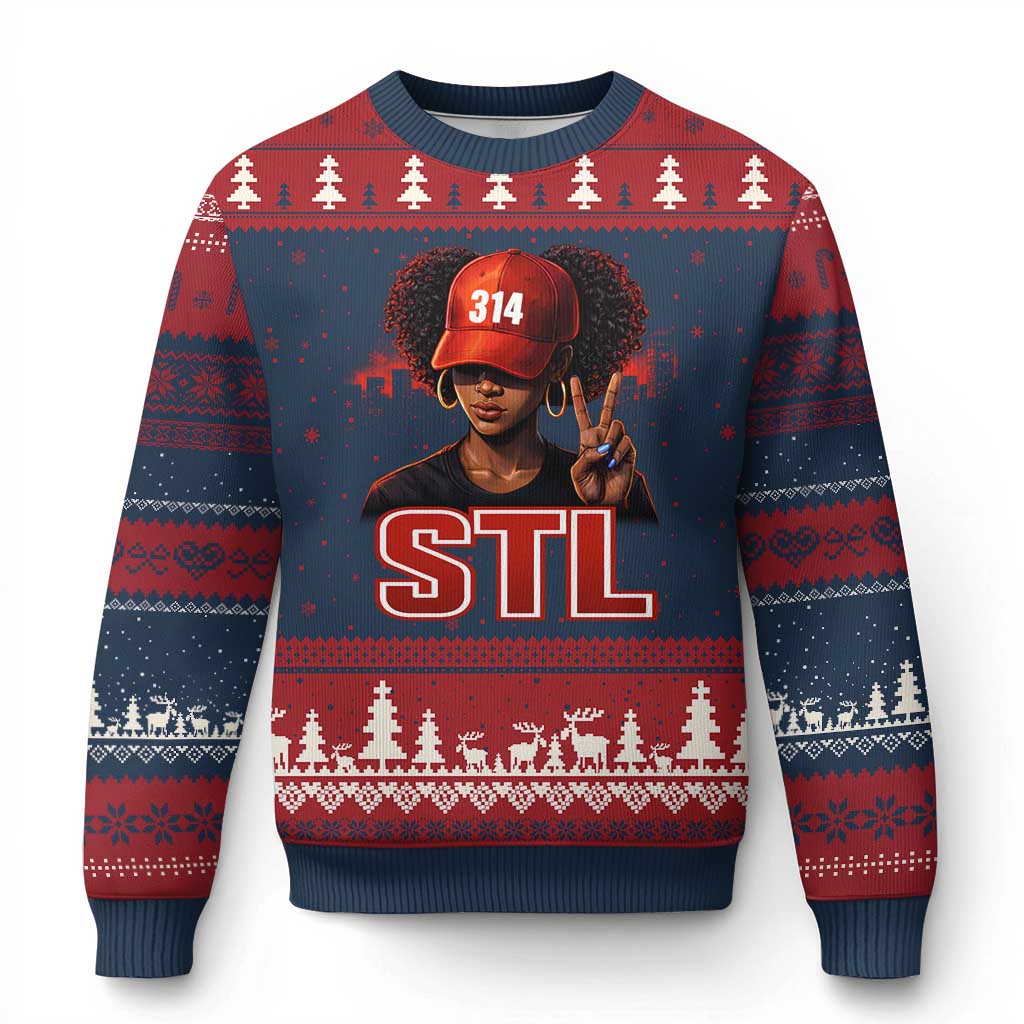 314 STL Ugly Christmas Sweater Red Hat African American Woman Area Code St Louis City Pride TS10 Navy Red Print Your Wear