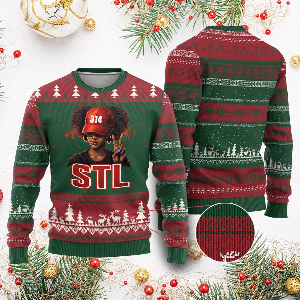 314 STL Ugly Christmas Sweater Red Hat African American Woman Area Code St Louis City Pride TS10 Red Green Print Your Wear