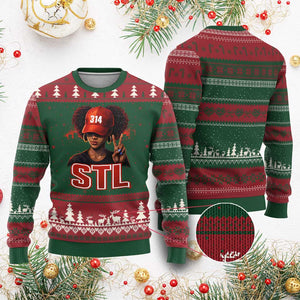 314 STL Ugly Christmas Sweater Red Hat African American Woman Area Code St Louis City Pride TS10 Red Green Print Your Wear
