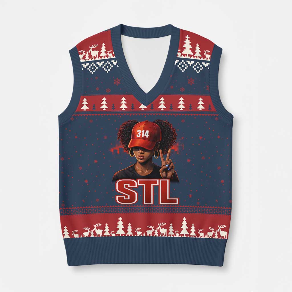 314 STL V-Neck Knit Sweater Vest Red Hat African American Woman Area Code St Louis City Pride TS10 Navy Red Print Your Wear