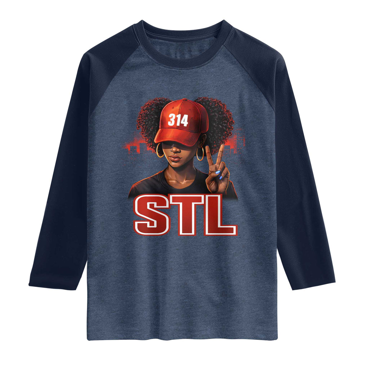 314 STL Raglan Shirt Red Hat African American Woman Area Code St Louis City Pride TS10 Heather Denim Navy Print Your Wear