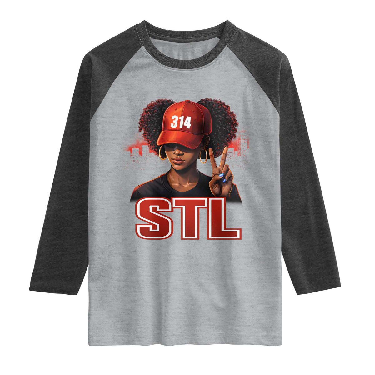 314 STL Raglan Shirt Red Hat African American Woman Area Code St Louis City Pride TS10 Heather Gray Heather Charcoal Print Your Wear