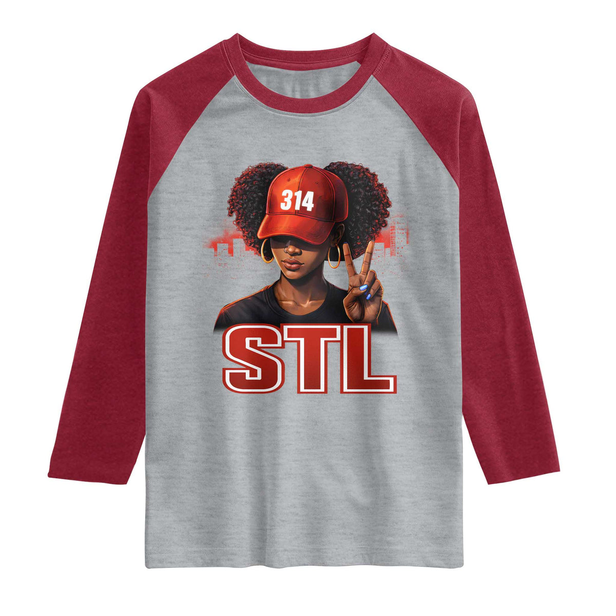 314 STL Raglan Shirt Red Hat African American Woman Area Code St Louis City Pride TS10 Heather Gray Heather Red Print Your Wear
