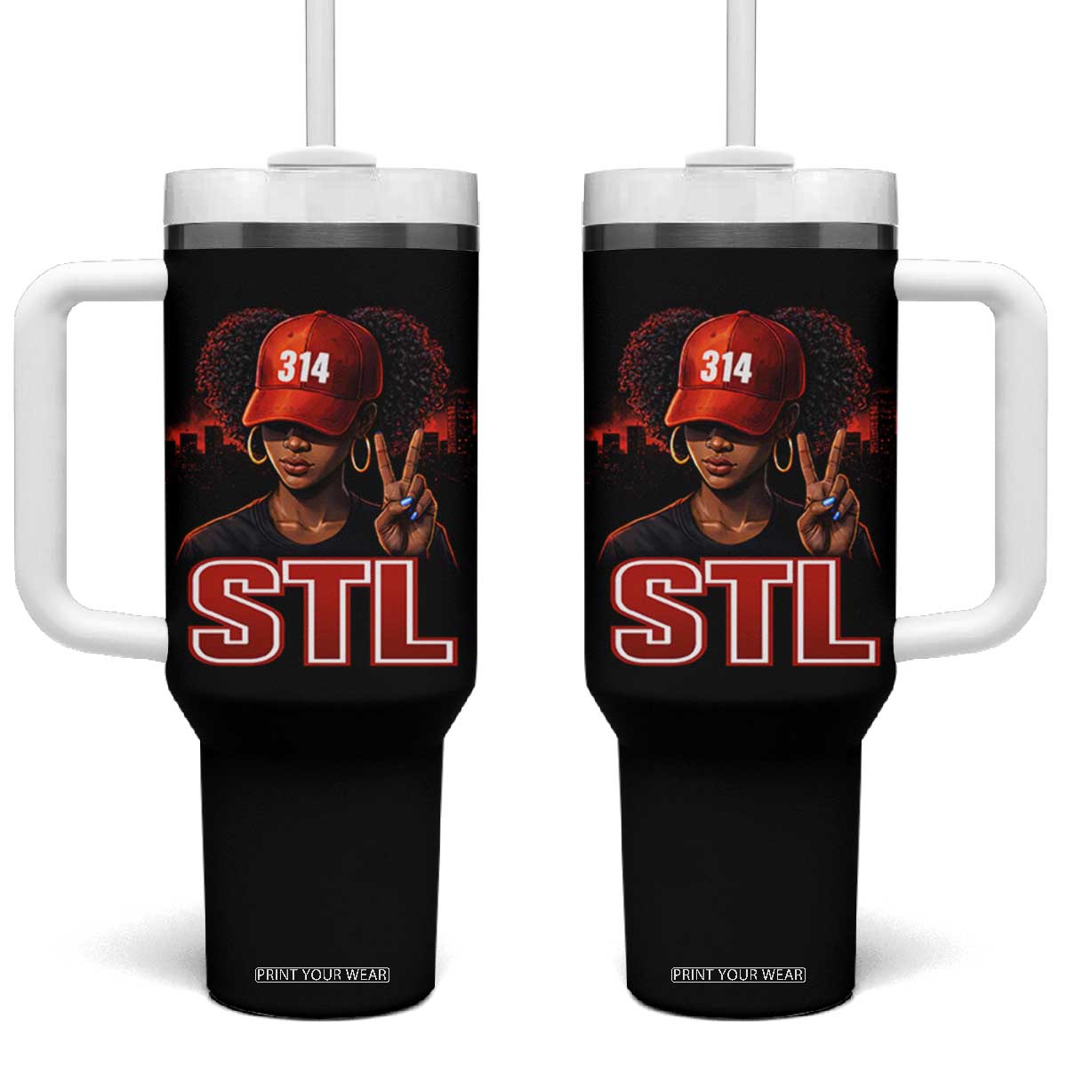 314 STL Tumbler With Handle Red Hat African American Woman Area Code St Louis City Pride TS10 One Size: 40 oz Black Print Your Wear