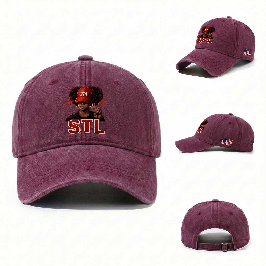 314 STL Washed Cotton Baseball Cap Red Hat African American Woman  Area Code St Louis City Pride