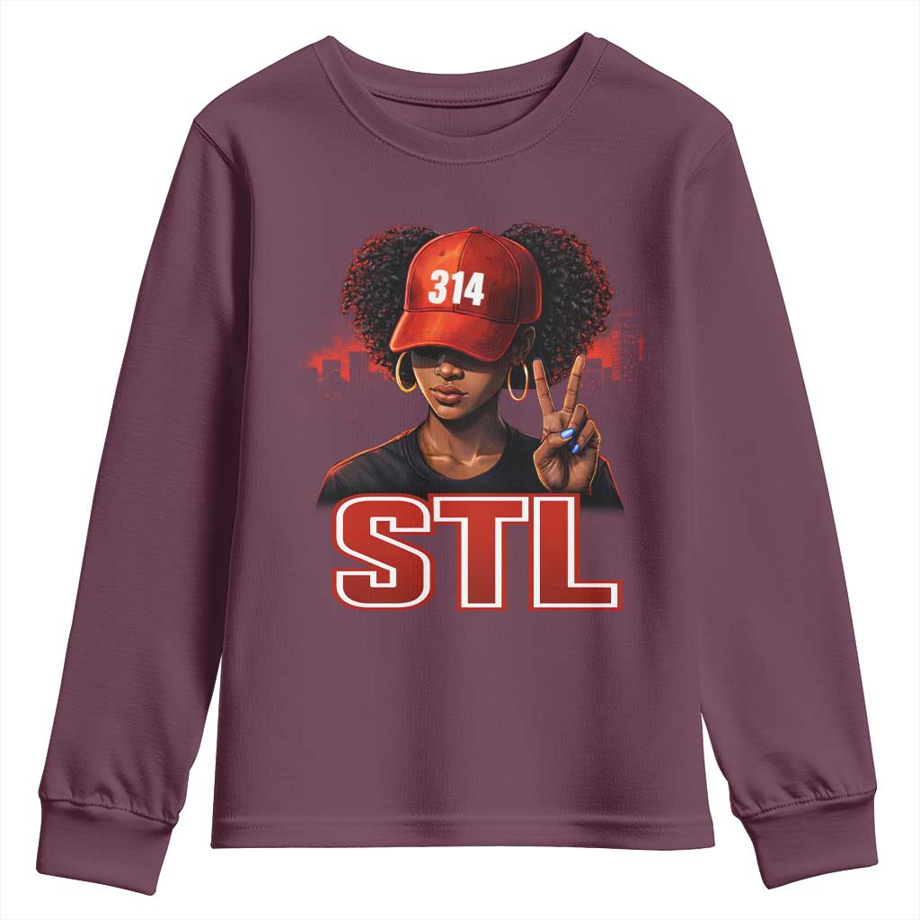 314 STL Youth Sweatshirt Red Hat African American Woman Area Code St Louis City Pride TS10 Maroon Print Your Wear
