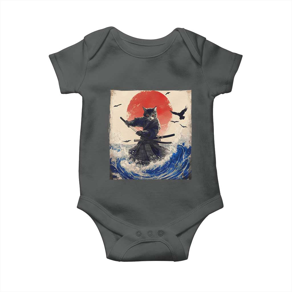 Samurai Cat Baby Onesie Vintage Japanese Art Anime Ukiyo-e Warrior TS10 Dark Heather Print Your Wear