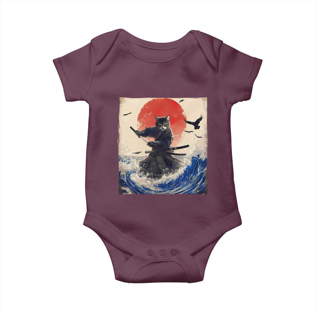 Samurai Cat Baby Onesie Vintage Japanese Art Anime Ukiyo-e Warrior TS10 Maroon Print Your Wear