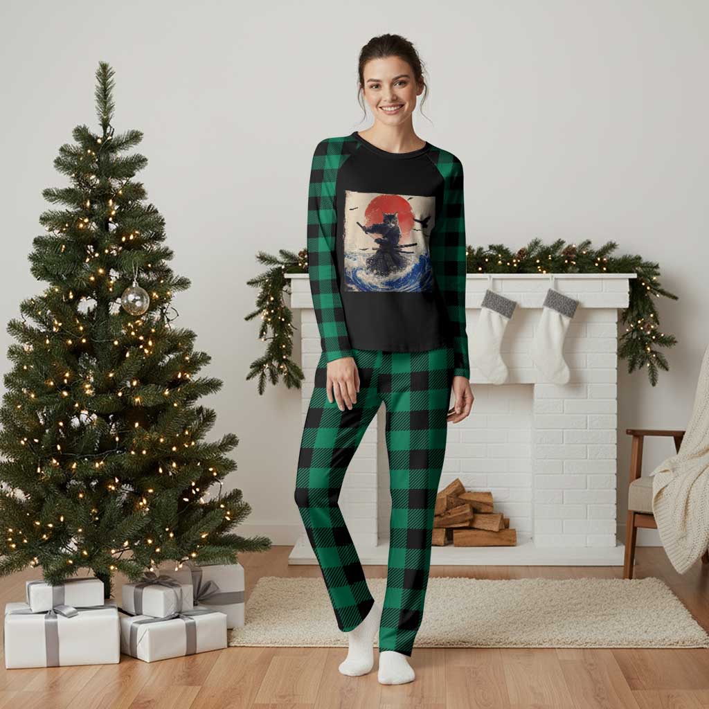 Samurai Cat Plaid Pajama Set Vintage Japanese Art Anime Ukiyo-e Warrior TS10 Green Plaid Print Your Wear