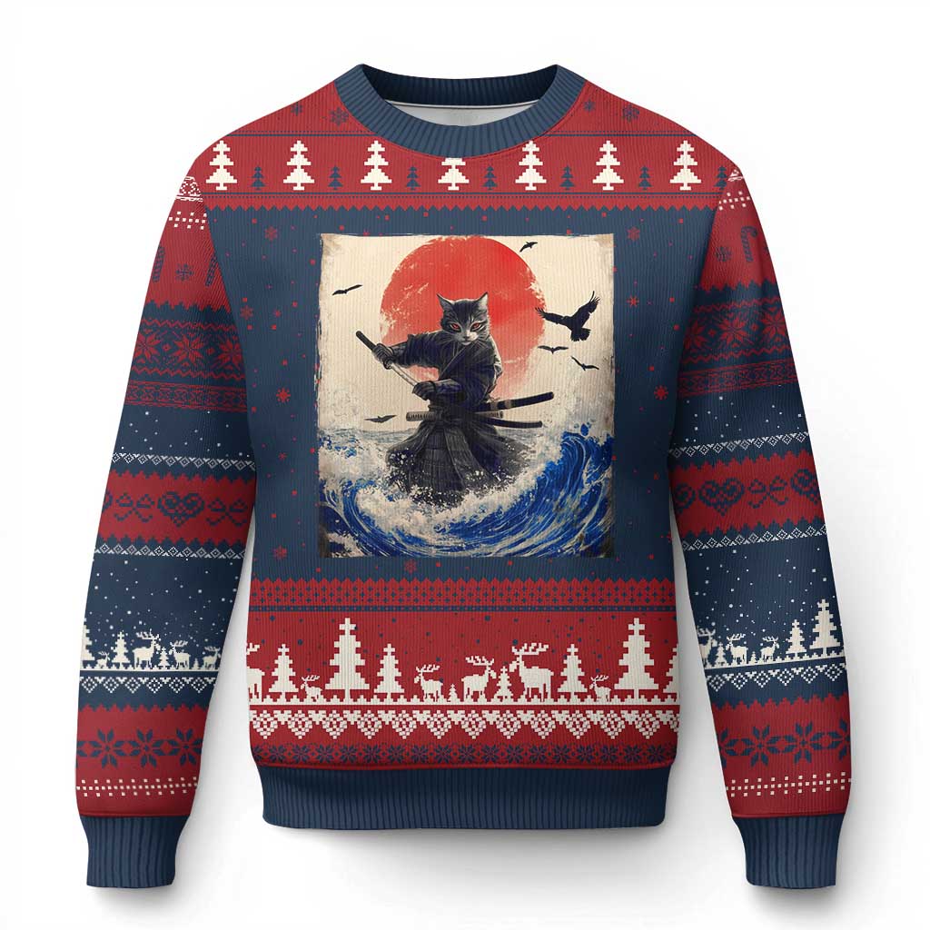 Samurai Cat Ugly Christmas Sweater Vintage Japanese Art Anime Ukiyo-e Warrior TS10 Navy Red Print Your Wear