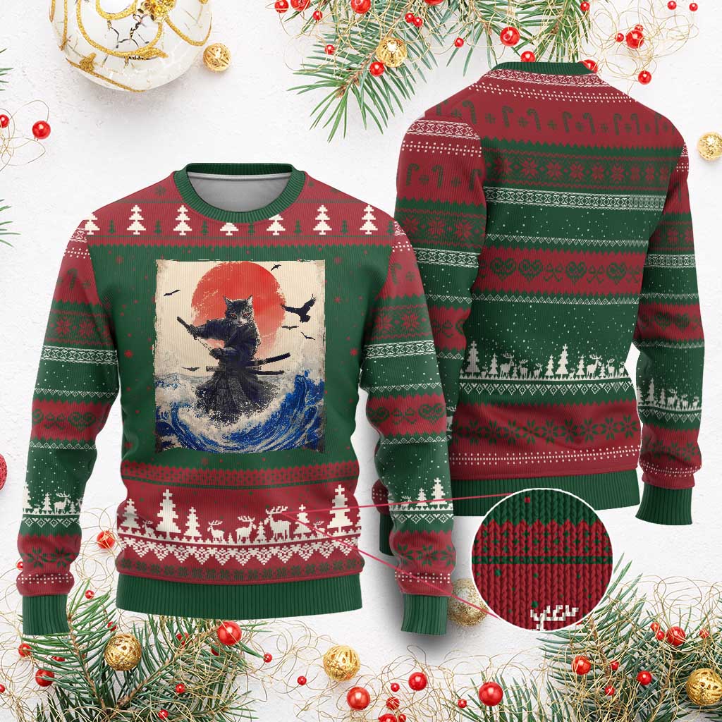 Samurai Cat Ugly Christmas Sweater Vintage Japanese Art Anime Ukiyo-e Warrior TS10 Red Green Print Your Wear