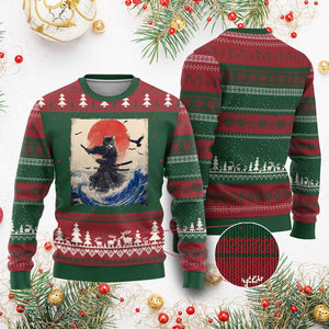 Samurai Cat Ugly Christmas Sweater Vintage Japanese Art Anime Ukiyo-e Warrior TS10 Red Green Print Your Wear
