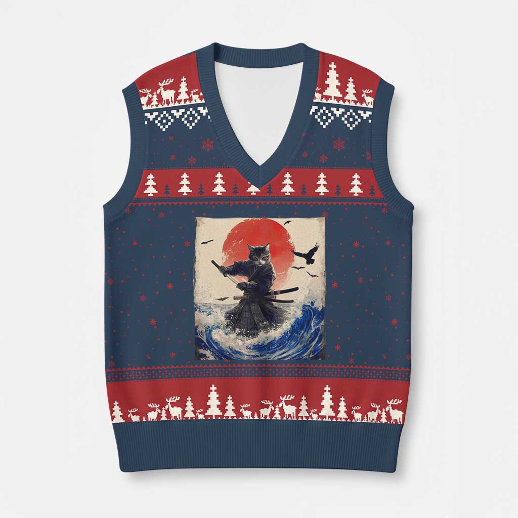 Samurai Cat V-Neck Knit Sweater Vest Vintage Japanese Art Anime Ukiyo-e Warrior TS10 Navy Red Print Your Wear