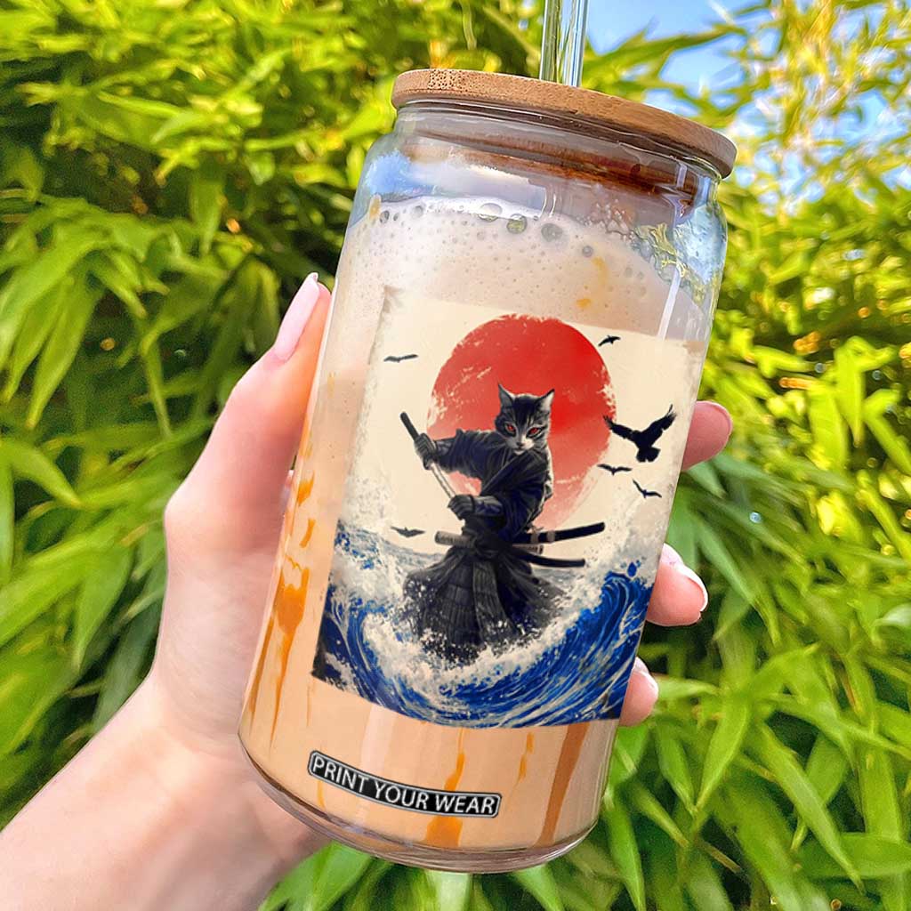Samurai Cat Glass Can Vintage Japanese Art Anime Ukiyo-e Warrior TS10 Black Print Your Wear