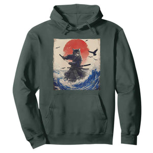 Samurai Cat Hoodie Vintage Japanese Art Anime Ukiyo-e Warrior TS10 Dark Forest Green Print Your Wear