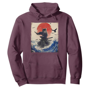 Samurai Cat Hoodie Vintage Japanese Art Anime Ukiyo-e Warrior TS10 Maroon Print Your Wear