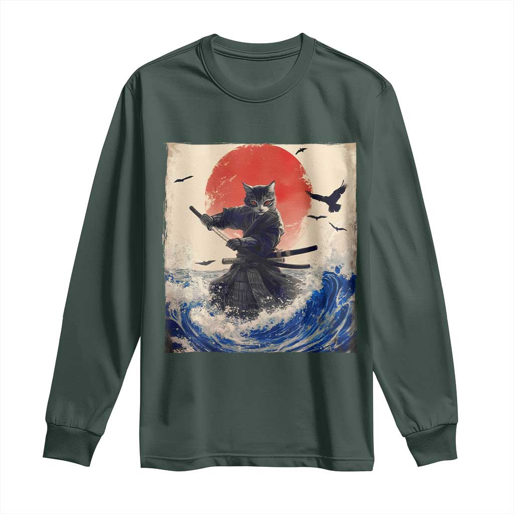 Samurai Cat Long Sleeve Shirt Vintage Japanese Art Anime Ukiyo-e Warrior TS10 Dark Forest Green Print Your Wear
