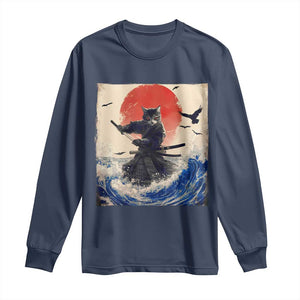 Samurai Cat Long Sleeve Shirt Vintage Japanese Art Anime Ukiyo-e Warrior TS10 Navy Print Your Wear