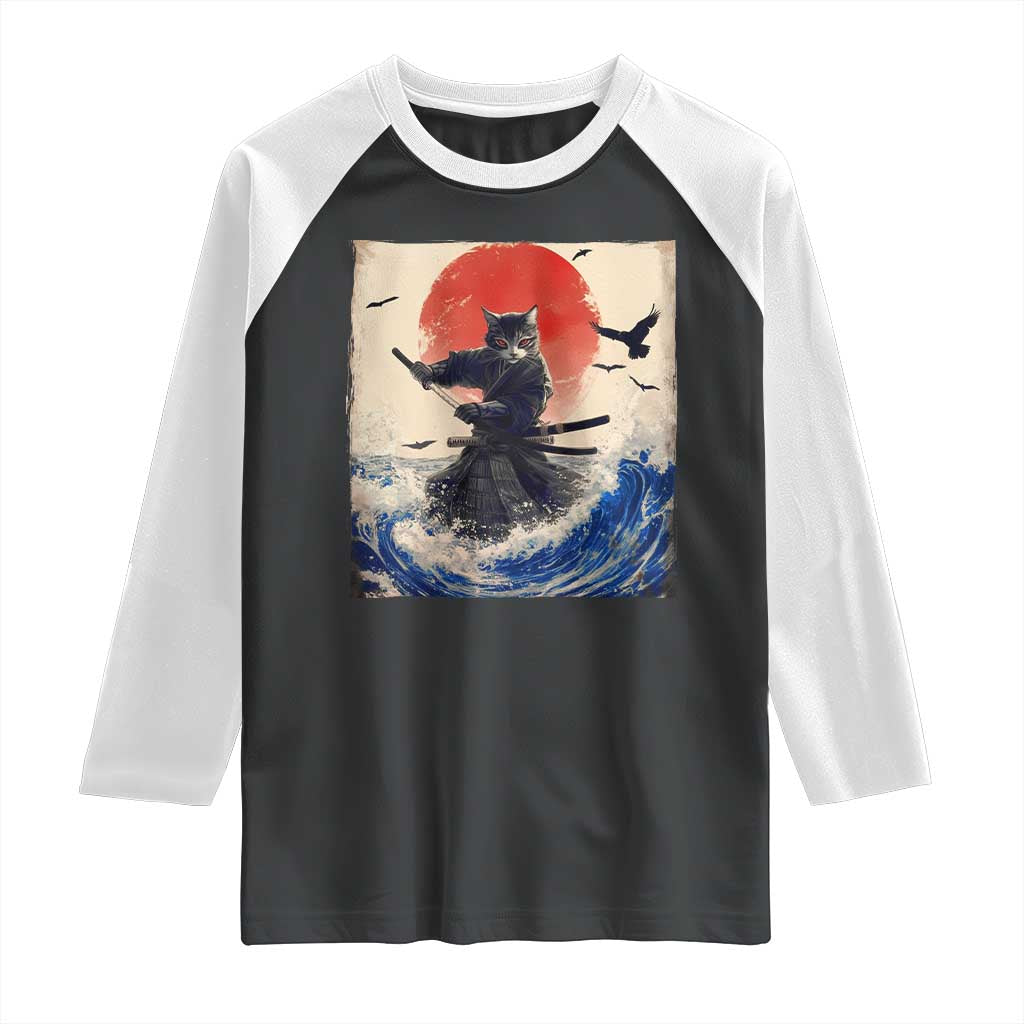 Samurai Cat Raglan Shirt Vintage Japanese Art Anime Ukiyo-e Warrior TS10 Black White Print Your Wear
