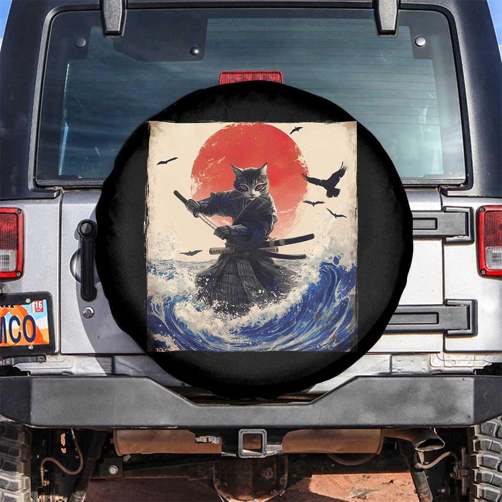 Samurai Cat Spare Tire Cover Vintage Japanese Art Anime Ukiyo-e Warrior TS10 No hole Black Print Your Wear