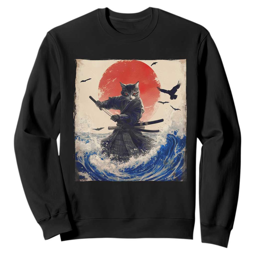Samurai Cat Sweatshirt Vintage Japanese Art Anime Ukiyo-e Warrior TS10 Black Print Your Wear