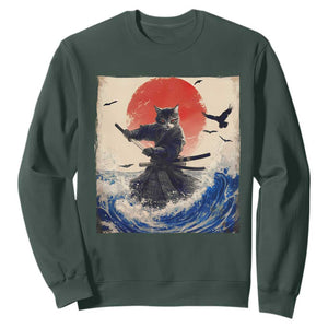 Samurai Cat Sweatshirt Vintage Japanese Art Anime Ukiyo-e Warrior TS10 Dark Forest Green Print Your Wear