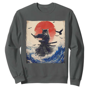 Samurai Cat Sweatshirt Vintage Japanese Art Anime Ukiyo-e Warrior TS10 Dark Heather Print Your Wear