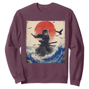 Samurai Cat Sweatshirt Vintage Japanese Art Anime Ukiyo-e Warrior TS10 Maroon Print Your Wear