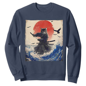 Samurai Cat Sweatshirt Vintage Japanese Art Anime Ukiyo-e Warrior TS10 Navy Print Your Wear