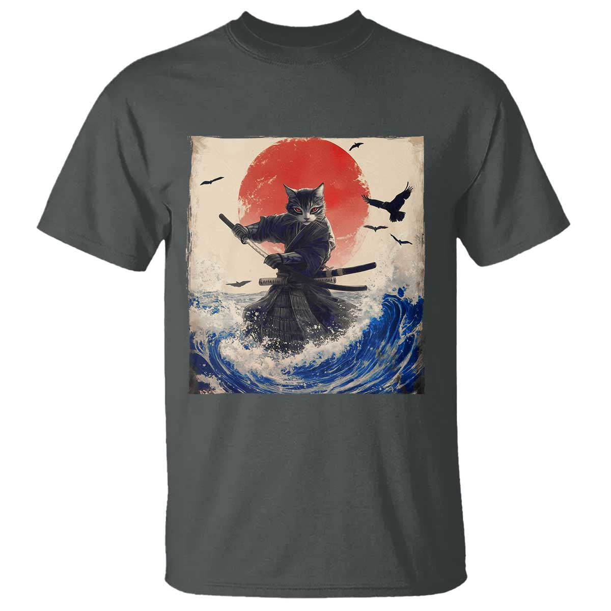 Samurai Cat T Shirt Vintage Japanese Art Anime Ukiyo-e Warrior TS10 Dark Heather Print Your Wear